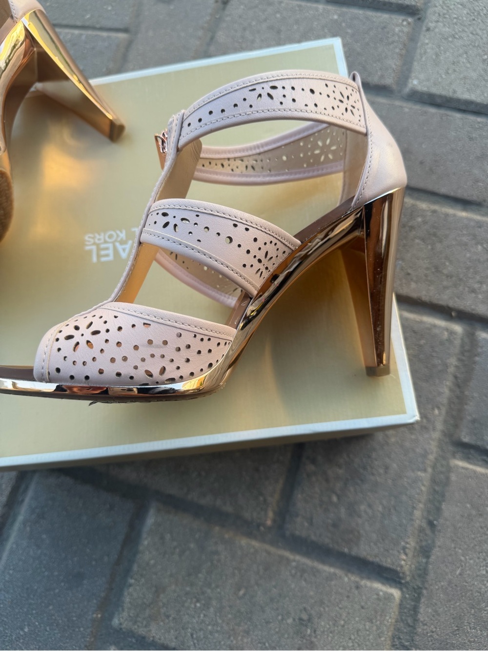 Michael Kors Blush Pink Perforated T-Strap Heels with Rose Gold Heel - Picture 8 of 10